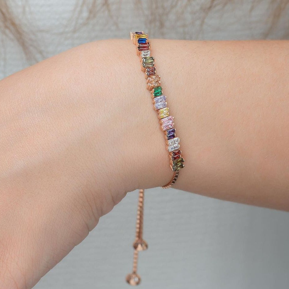 Multi Color Baguette Brilliant Cut Signity Diamond Prong Set Bracelet | Adjustable Bracelet For Her | Teenage Girl Gift Bracelet