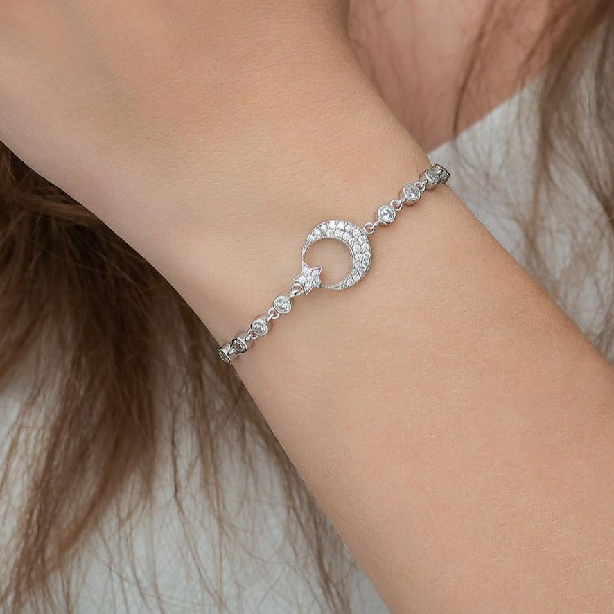 Moon And Star Shape White Round Brilliant Cut Signity Diamond Cluster Bracelet For Her | Wedding Gift Bracelet For Bridal | Comfortable Fit Bracelet For Women