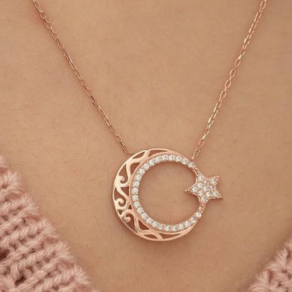 Crescent With Star Shape 2.20Ct White Round Cut Pave Pendant | Special Event Pendant For Her | Elegant Jewelry Piece | Fashion Jewelry