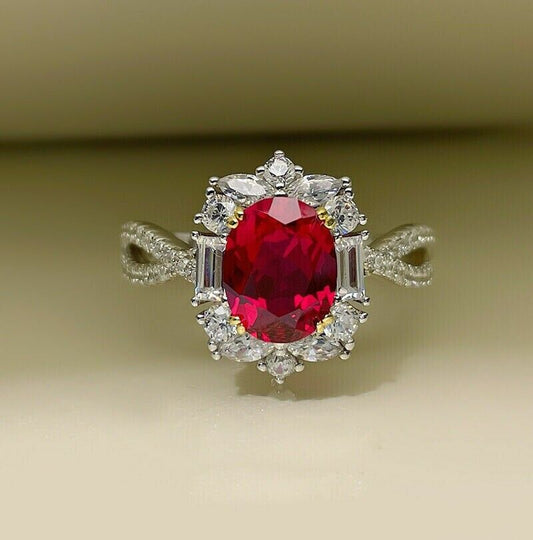 2.95Ct Red Oval Cut Halo Ring | Wedding Ring | Bride To Be | Bridal Collection