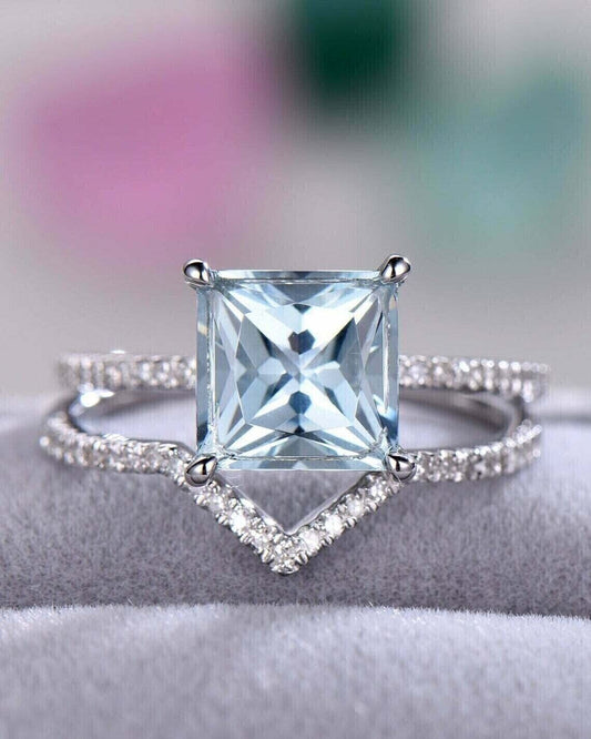 2.77Ct Aquamarine Color Princess Cut Solitaire Ring Set | Anniversary Gift Ring Set | Jewelry Collection