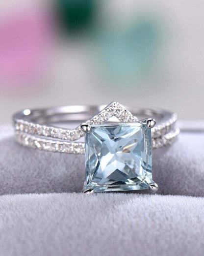 2.77Ct Aquamarine Color Princess Cut Solitaire Ring Set | Anniversary Gift Ring Set | Jewelry Collection