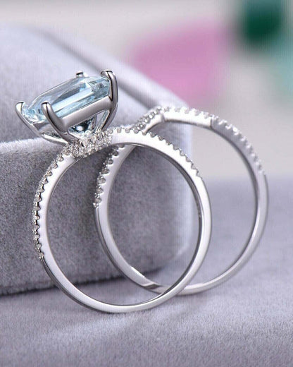 2.77Ct Aquamarine Color Princess Cut Solitaire Ring Set | Anniversary Gift Ring Set | Jewelry Collection