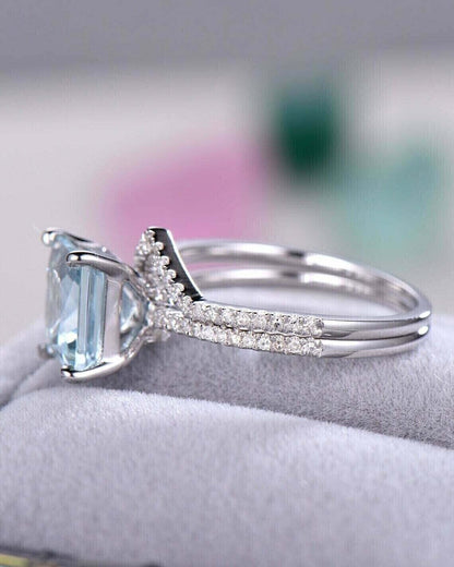 2.77Ct Aquamarine Color Princess Cut Solitaire Ring Set | Anniversary Gift Ring Set | Jewelry Collection