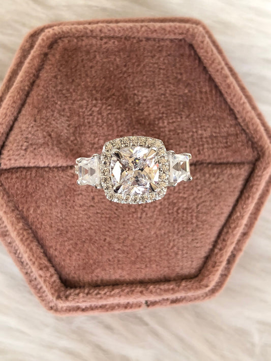 2.8Ct White Cushion Cut Halo And Thee Stone Ring | Bridal Wedding Ring | Statement Ring For Her | Designer Jewelry Piece