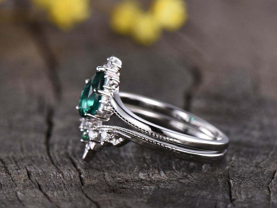 2.70Ct Green Pear Cut Solitaire Ring Set | Engagement Ring Set For Fiancée | Women Jewelry