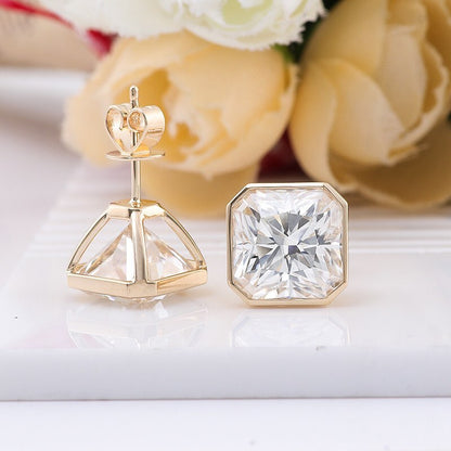 White Radiant Cut Cubic Zirconia Bezel Stud Earrings For Her | Ice Crushed Stud Earring | Engagement Gift Stud Earring For Fiancee