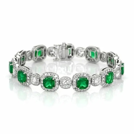 Green Cushion And White Round Brilliant Cut Signity Diamond Halo Bracelet | Party Wear Bracelet For Women | Bridal Wedding Gift Bracelet