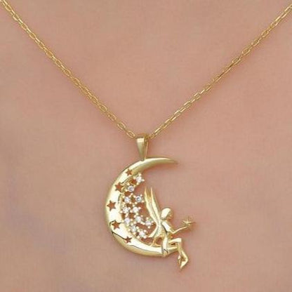 Fairy on the Moon Shape 1.50Ct White Round Cut Prong Pendant | Surprise Gift Pendant For Her | Sentimental Gift Pendant | Women Jewelry