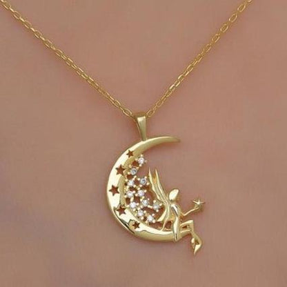 Fairy on the Moon Shape 1.50Ct White Round Cut Prong Pendant | Surprise Gift Pendant For Her | Sentimental Gift Pendant | Women Jewelry