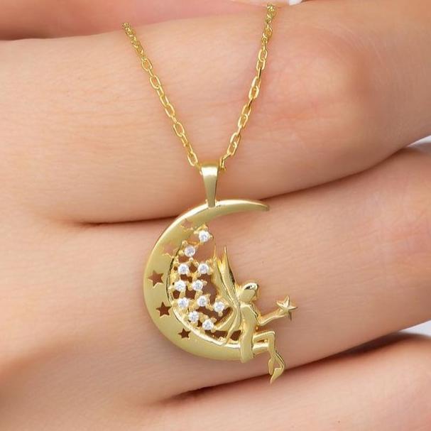 Fairy on the Moon Shape 1.50Ct White Round Cut Prong Pendant | Surprise Gift Pendant For Her | Sentimental Gift Pendant | Women Jewelry