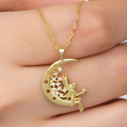 Fairy on the Moon Shape 1.50Ct White Round Cut Prong Pendant | Surprise Gift Pendant For Her | Sentimental Gift Pendant | Women Jewelry