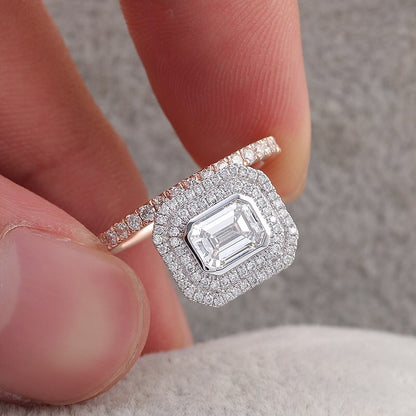 3.2Ct White Emerald Cut Bezel Set And Double Halo Ring | Two Tone Ring For Women | Elegance Design Ring For Her | Party Wear Ring For Ladies