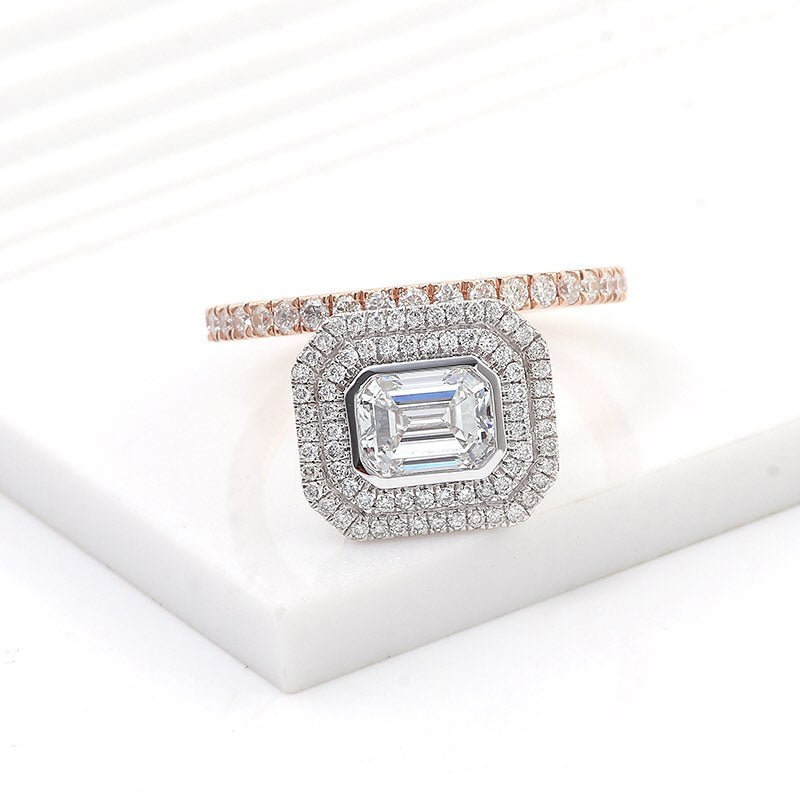 3.2Ct White Emerald Cut Bezel Set And Double Halo Ring | Two Tone Ring For Women | Elegance Design Ring For Her | Party Wear Ring For Ladies