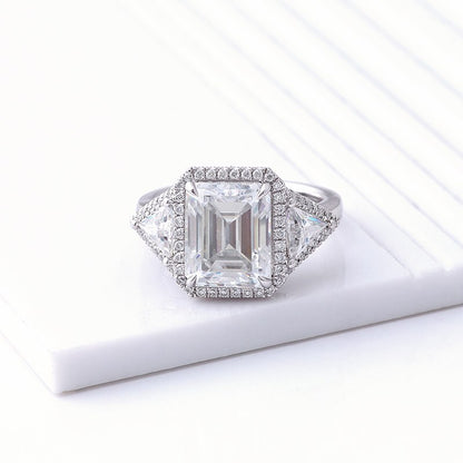 3.6Ct White Emerald Cut Halo And Three Stone Ring | Party Wear Ring For Women | Perfect Gift For Special Occasion | Bridesmaid Gift Ring