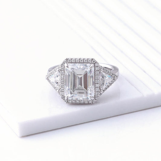 3.6Ct White Emerald Cut Halo And Three Stone Ring | Party Wear Ring For Women | Perfect Gift For Special Occasion | Bridesmaid Gift Ring