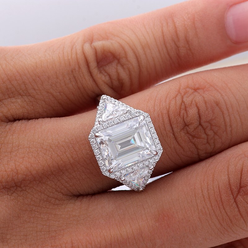 3.6Ct White Emerald Cut Halo And Three Stone Ring | Party Wear Ring For Women | Perfect Gift For Special Occasion | Bridesmaid Gift Ring