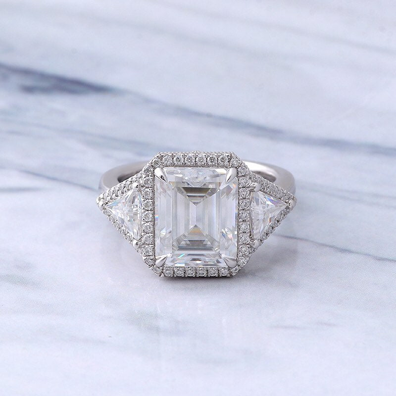 3.6Ct White Emerald Cut Halo And Three Stone Ring | Party Wear Ring For Women | Perfect Gift For Special Occasion | Bridesmaid Gift Ring