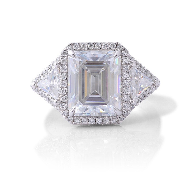 3.6Ct White Emerald Cut Halo And Three Stone Ring | Party Wear Ring For Women | Perfect Gift For Special Occasion | Bridesmaid Gift Ring