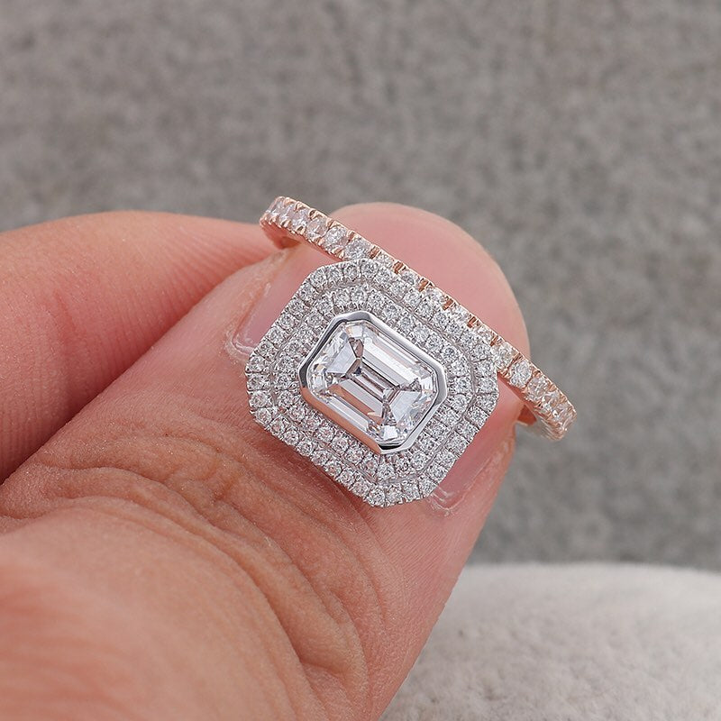 3.2Ct White Emerald Cut Bezel Set And Double Halo Ring | Two Tone Ring For Women | Elegance Design Ring For Her | Party Wear Ring For Ladies