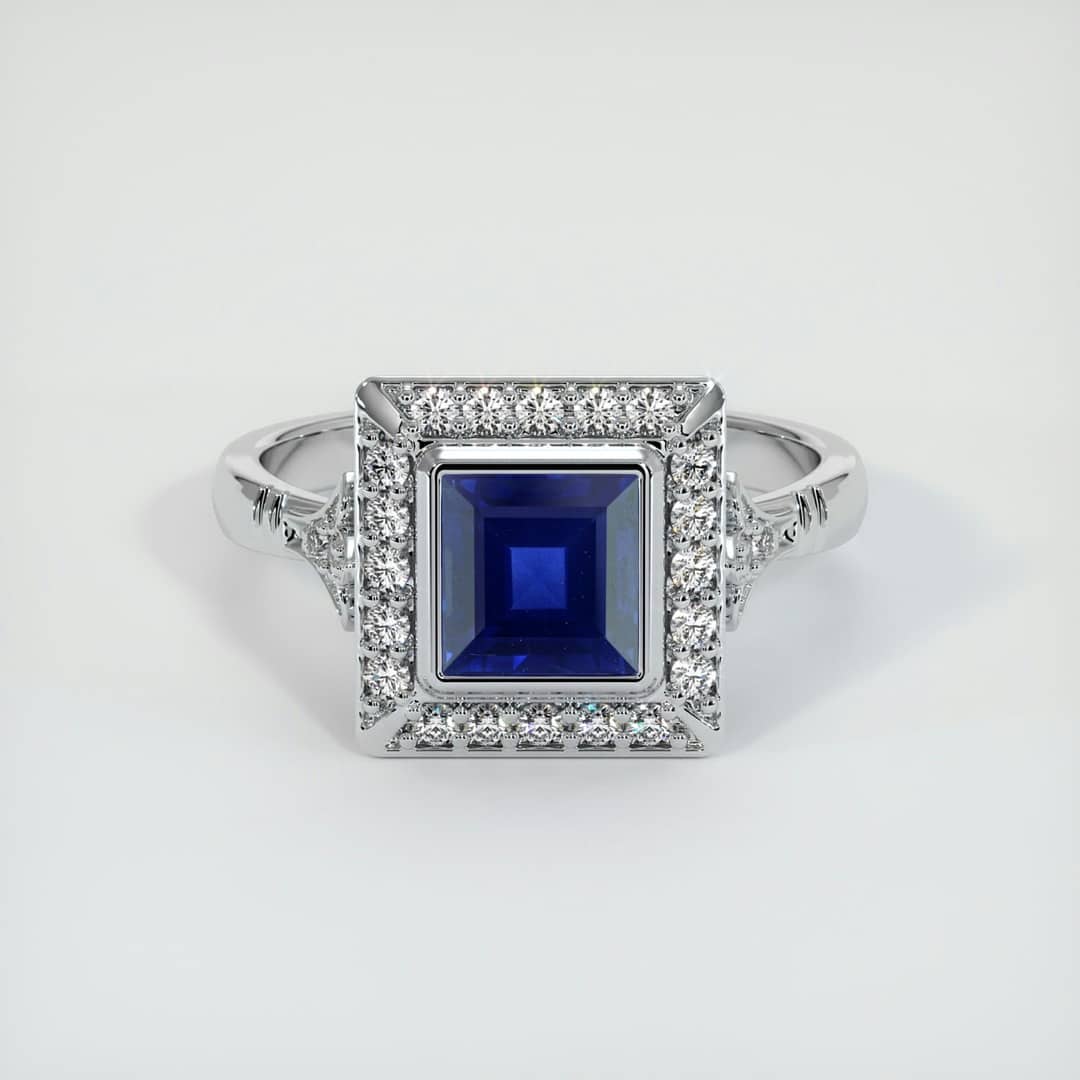 2.5Ct Blue Princess Cut Bezel Set And Halo Ring | Party Wear Ring For Women | Special Occasion Ring For Her | Fashionable Ring Piece