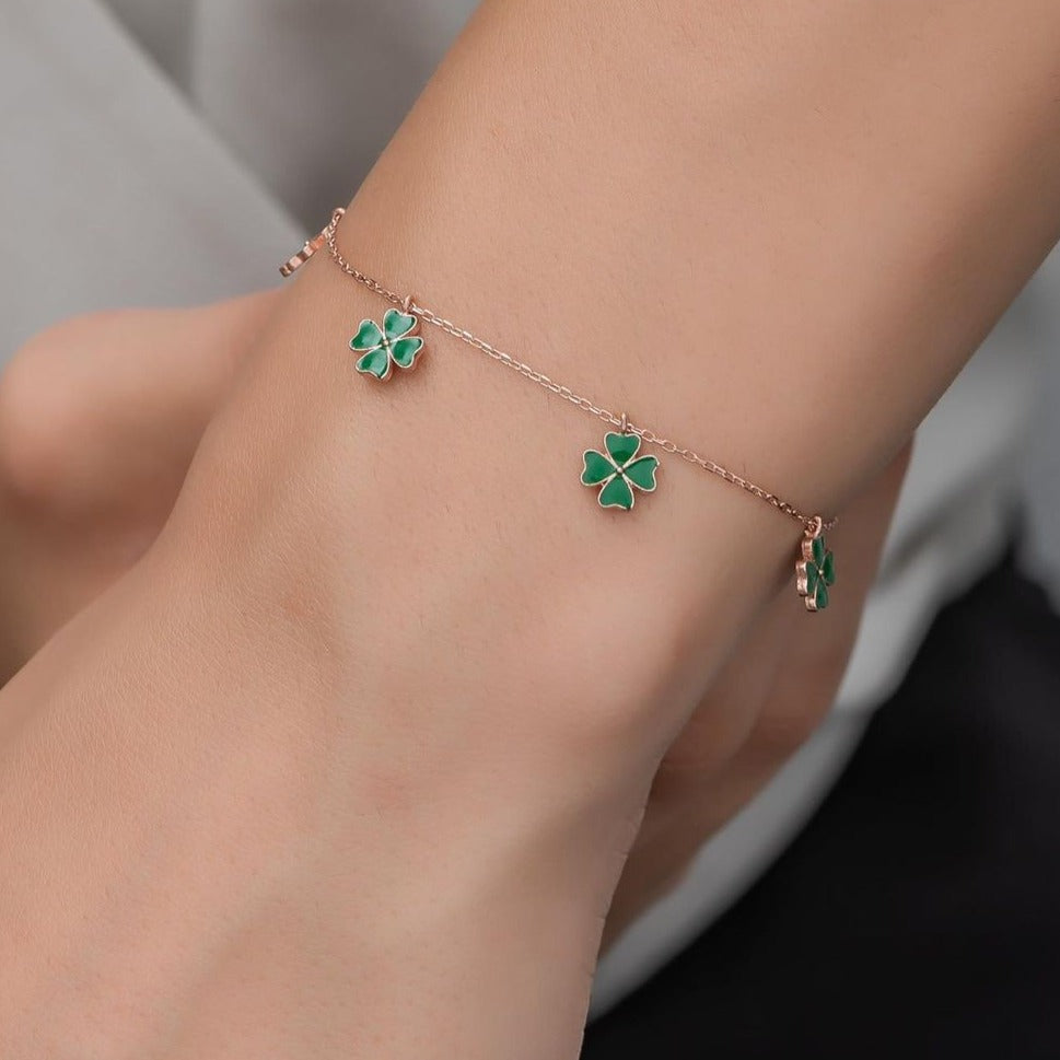 Clover Shape Green Enamel Bracelet For Her | Gift For Teenage Girl Bracelet | Everyday Wear Bracelet For Women