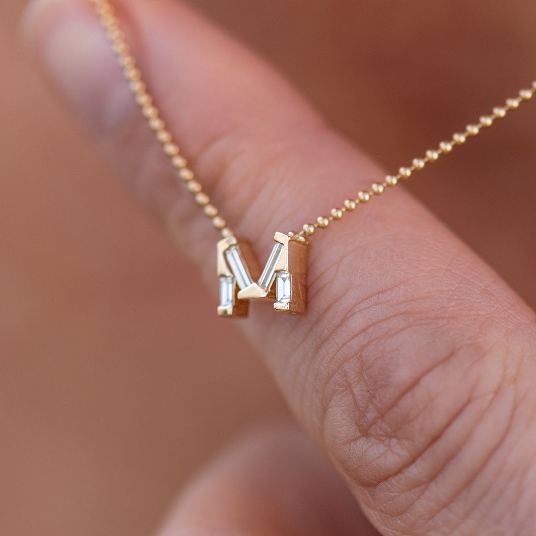 M Alphabet 2.10Ct White Baguette Cut Bar Pendent | Anniversary Gift Pendant For Wife | Surprise Gift For Women | Special Event Pendant