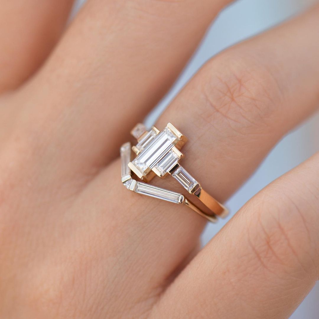 2.2Ct White Baguette Cut Bar Ring Set | Anniversary Gift Ring Set | Stacking Ring Set | Unique Ring Set