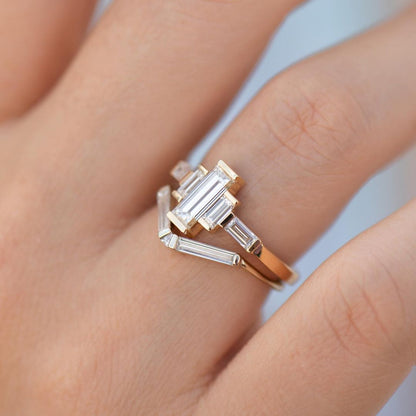 2.2Ct White Baguette Cut Bar Ring Set | Anniversary Gift Ring Set | Stacking Ring Set | Unique Ring Set