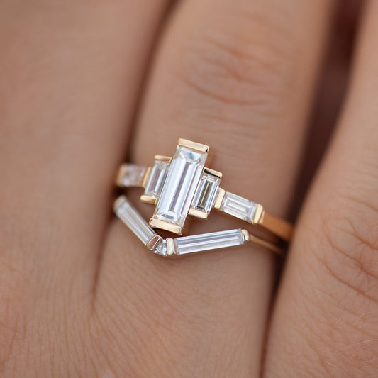 2.2Ct White Baguette Cut Bar Ring Set | Anniversary Gift Ring Set | Stacking Ring Set | Unique Ring Set