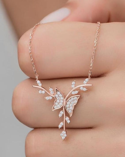 Butterfly With Leaf Branch Shape 2.50Ct White Round Cut Cluster Pendant | Party Wear Pendant For Her | Designer Jewelry Piece | Gorgeous Pendant For Women