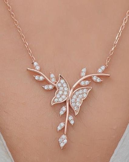 Butterfly With Leaf Branch Shape 2.50Ct White Round Cut Cluster Pendant | Party Wear Pendant For Her | Designer Jewelry Piece | Gorgeous Pendant For Women