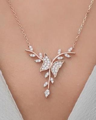 Butterfly With Leaf Branch Shape 2.50Ct White Round Cut Cluster Pendant | Party Wear Pendant For Her | Designer Jewelry Piece | Gorgeous Pendant For Women