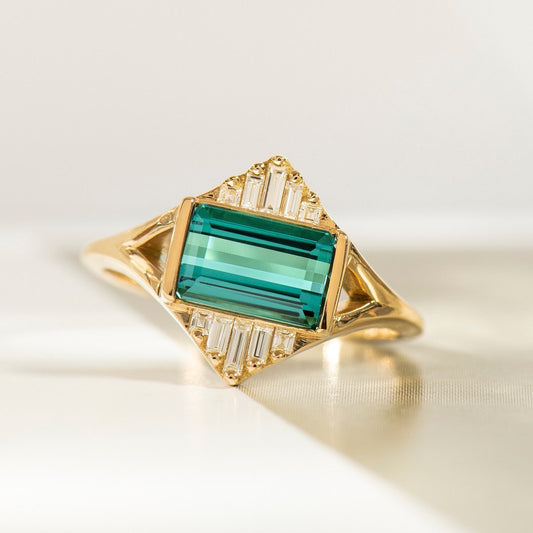 3.1Ct Green Emerald Cut Half Bezel Ring | Fashionable Ring For Her | Split Shank Ring | Trendy Ring