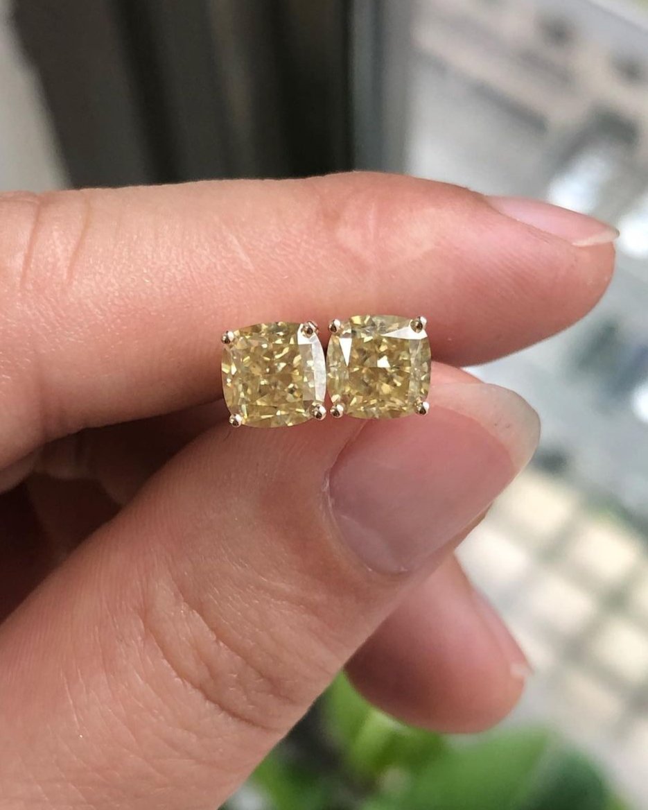 Canary Yellow Cushion Cut Cubic Zirconia Solitaire Stud Earring | Birthstone Gift Earring For Her | Everyday Wear Earring For Women | Simple Earring