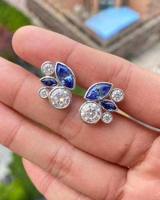 White Round And Blue Marquise Cut Cubic Zirconia Bezel Earrings For Her | Anniversary Gift Earring For Wife | Fashion Jewelry Collection For Women