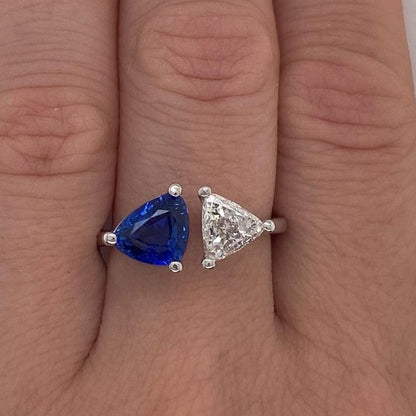 3.10Ct White And Blue Trillion Cut Two Stone Ring | Toi Et Moi Ring | Minimalist Ring For Women