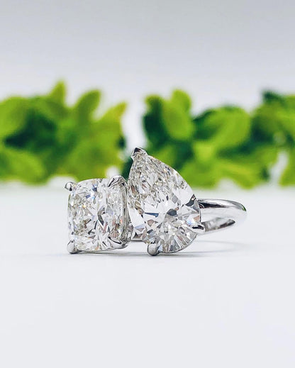 3.30Ct White Cushion And Pear Cut Two Stone Ring | Toi Et Moi Ring | Engagement Ring