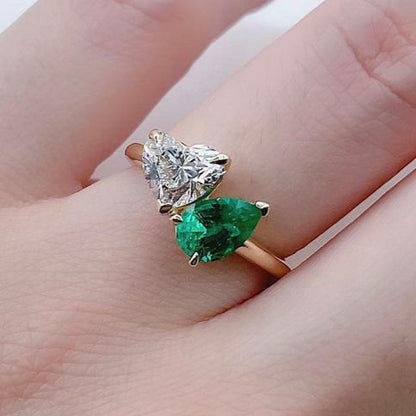 2.85Ct White Heart And Green Pear Cut Two Stone Ring | Toi Et Moi Ring | Engagement Ring
