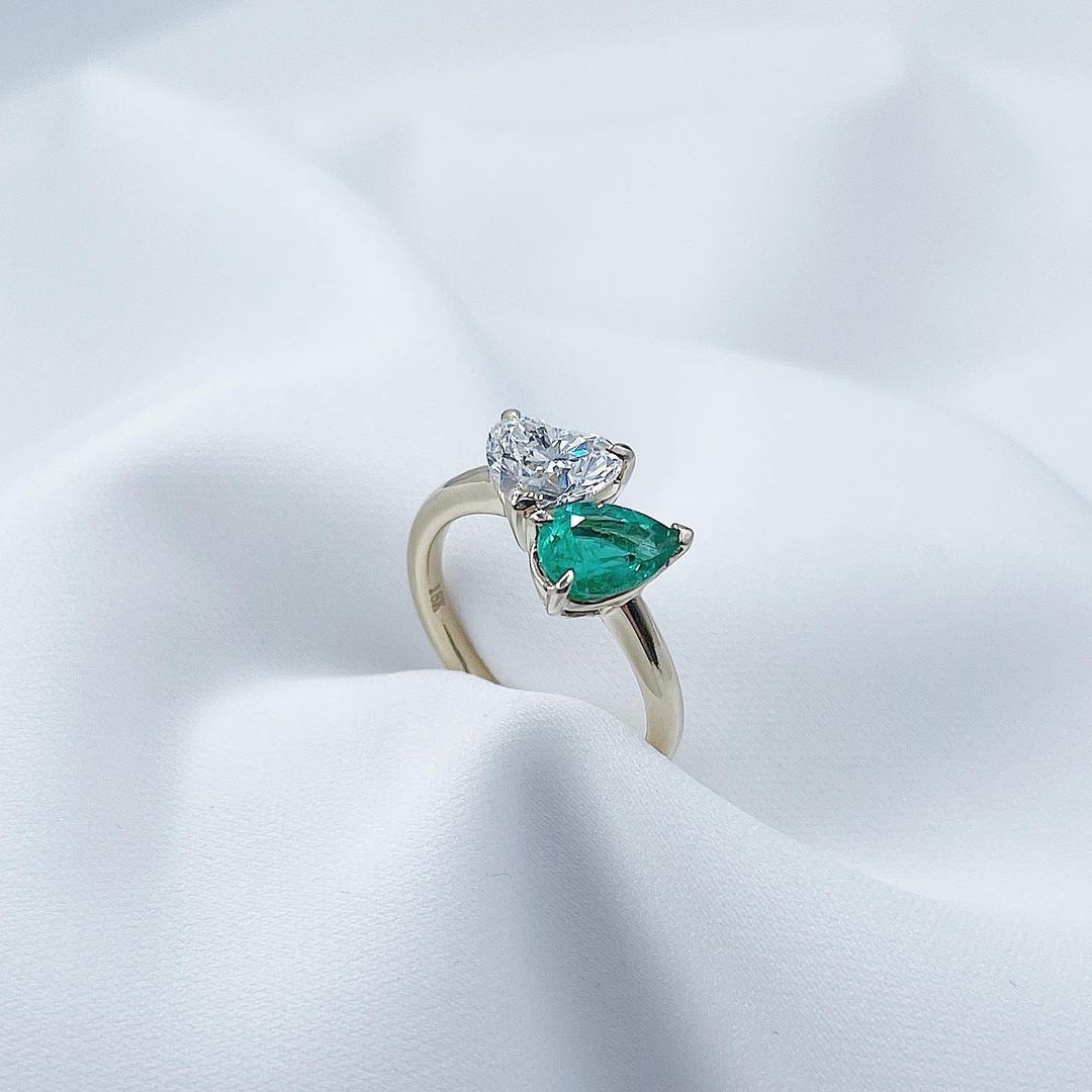 2.85Ct White Heart And Green Pear Cut Two Stone Ring | Toi Et Moi Ring | Engagement Ring