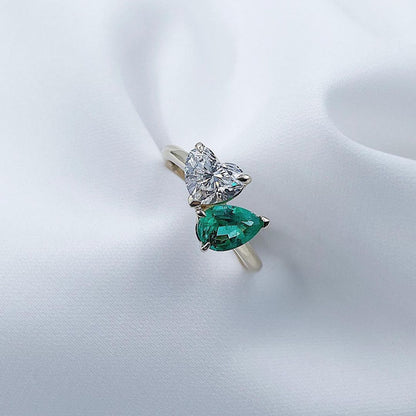 2.85Ct White Heart And Green Pear Cut Two Stone Ring | Toi Et Moi Ring | Engagement Ring