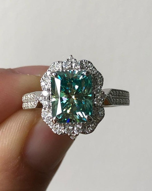 Vintage 2.80Ct Green Blue Radiant Cut Moissanite Halo Ring | Perfect Wedding Ring For Bridal | Delicate Solo Diamond Ring | Special Occasion Ring