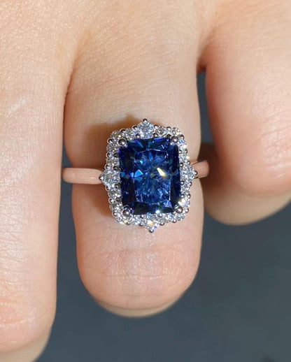 3.20Ct Blue Radiant Cut Halo Ring | Party Wear Ring | Fashion Jewelry | Delicate Ring For Women