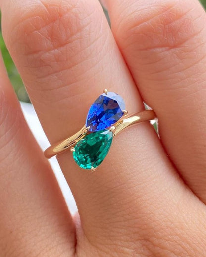 2.77Ct Blue And Green Pear Cut Two Stone Ring | Toi Et Moi Ring For Women | Engagement Ring For Fiancée