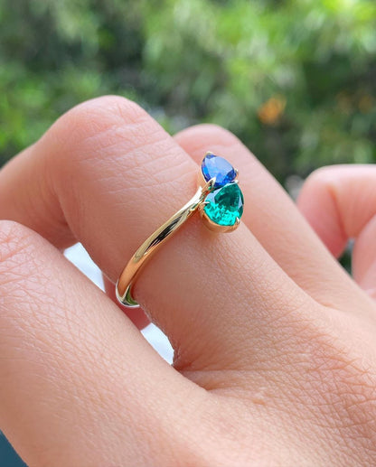 2.77Ct Blue And Green Pear Cut Two Stone Ring | Toi Et Moi Ring For Women | Engagement Ring For Fiancée