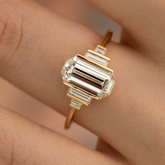 2.98Ct Emerald Cut Half Bezel Ring | Birthday Gift Ring For Women | Delicate Ring For Her