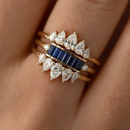 1.5Ct Blue Baguette Cut Bar Ring Set | Bridal Ring Set | Triple Band Set | Women Jewelry Collection