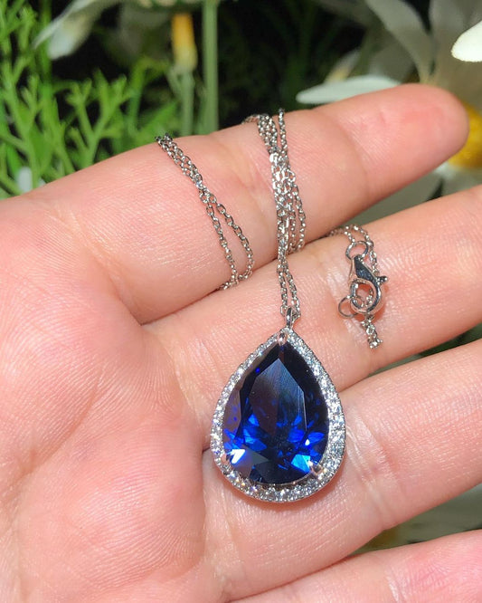 3.20Ct Blue Pear Cut Halo Pendant | Special Occasion Pendant | Fashion Jewelry | Stunning Pendant For Women