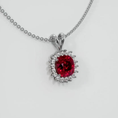 2.88Ct Red Cushion Cut Halo Pendant | Wedding Gift Pendant For Women | Bridal Collection | Everyday Wear Pendant