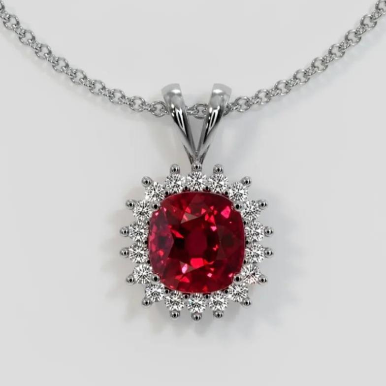 2.88Ct Red Cushion Cut Halo Pendant | Wedding Gift Pendant For Women | Bridal Collection | Everyday Wear Pendant